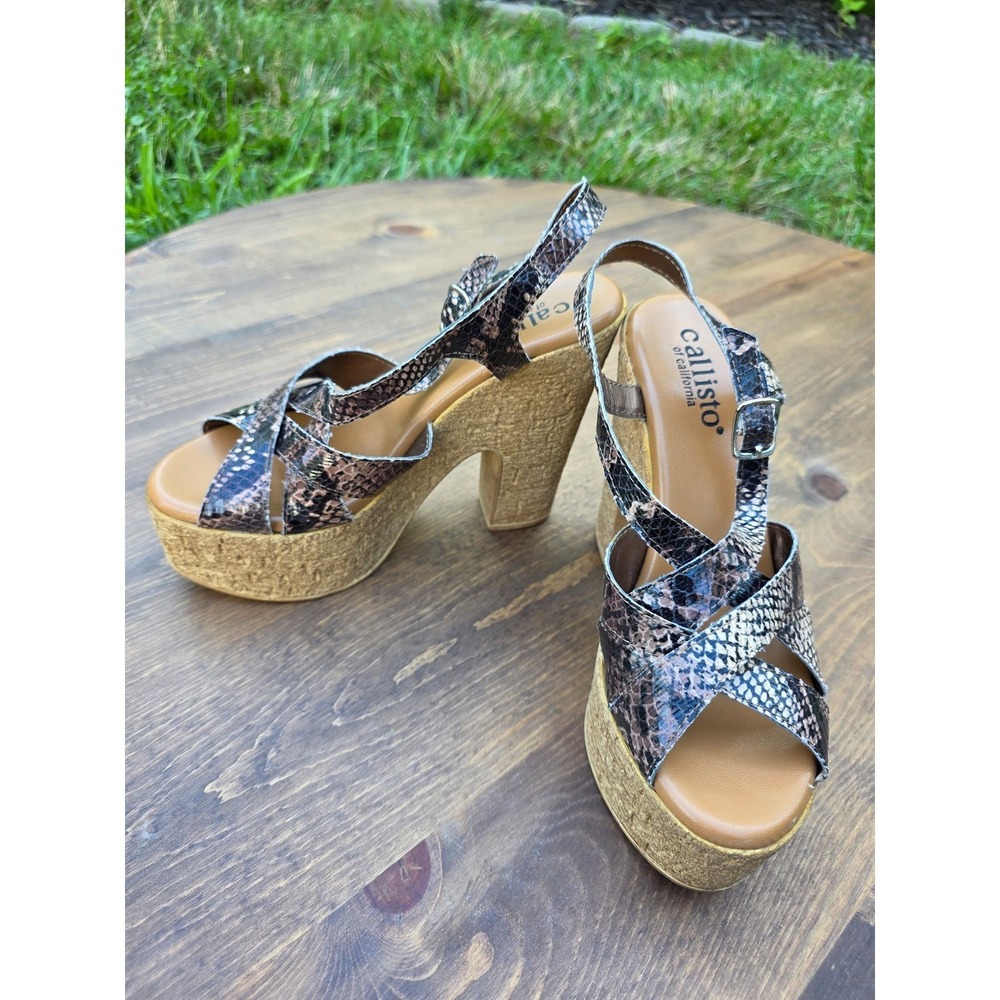 Callisto of California Snakeskin Platform Sandals Brown Cork Block Heel Size 6